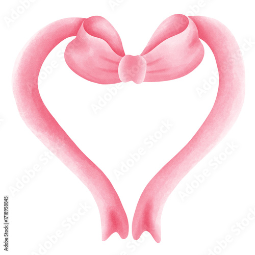 Watercolor pink coquette ribbon bow in heart 