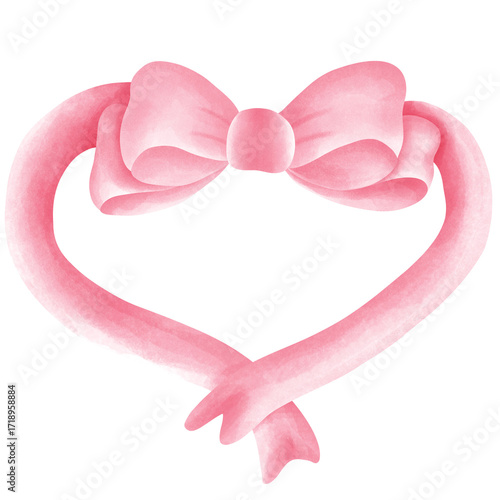 Watercolor pink coquette ribbon bow in heart 