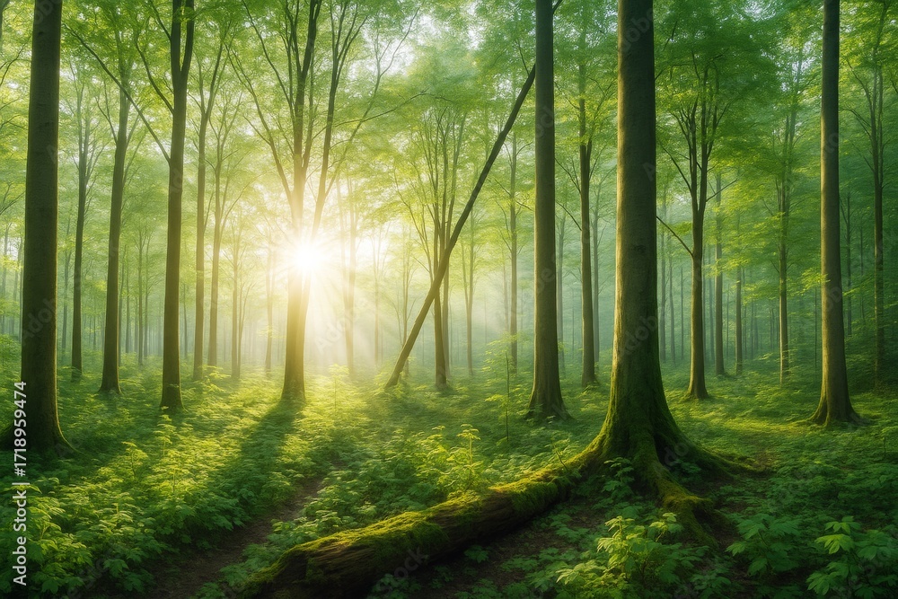Fototapeta premium Magical sunrise in lush green forest with sunlight streaming through trees on a misty morning background, tranquil natural environment scene.