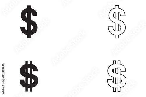 US dollar icon vector, USD American dollar sign symbol vector silhouette and line art