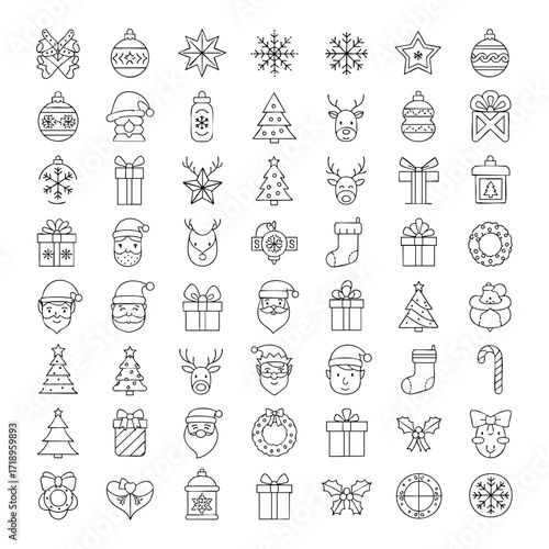 A large set of handdrawn Christmas holiday icons including Santa reindeer gifts and trees in a simple black and white line art style.