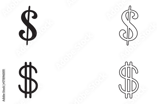 US dollar icon vector, USD American dollar sign symbol vector silhouette and line art