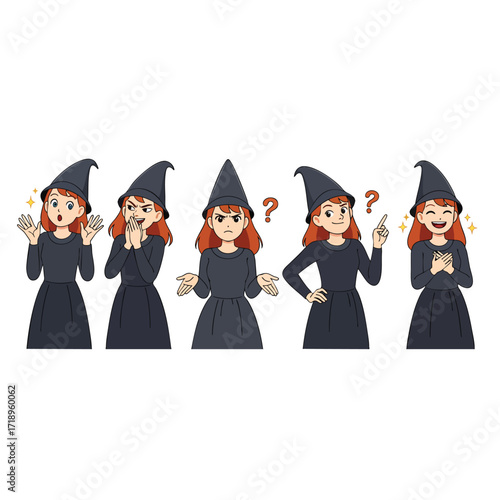A set of a cute redhaired cartoon witch character with various expressions and poses.