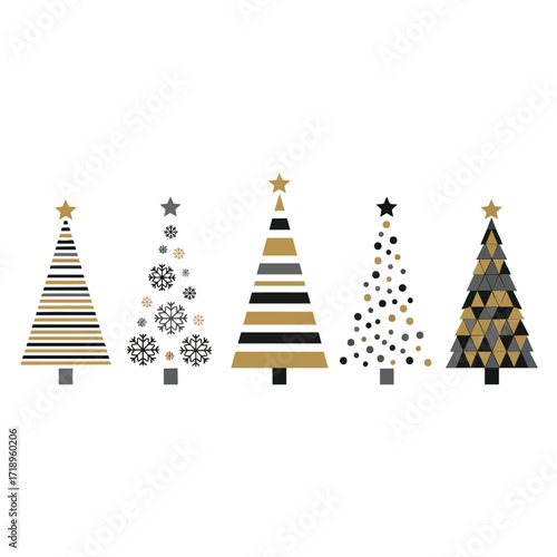 A set of five modern stylized Christmas trees in black gold and grey with various graphic patterns.