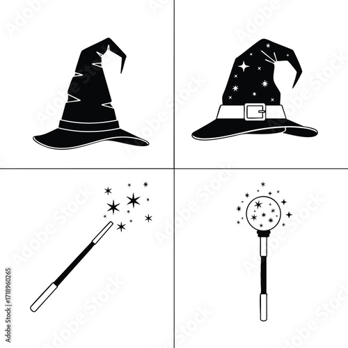 A set of black and white witch hats and magic wands illustrated as icons with stars and sparkles.
