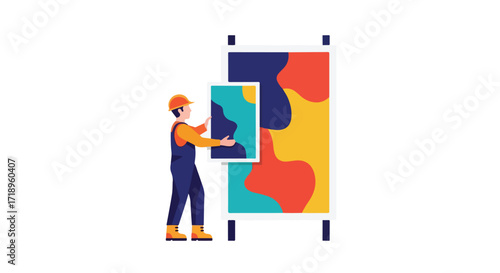 Installation Artist Mounting Abstract Artwork on a Display Stand with Vivid Color Palettes in a Modern Gallery Showcase