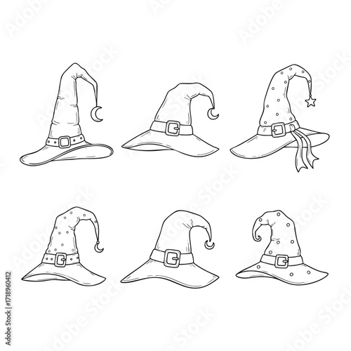 A set of six handdrawn black and white witch hats with various designs.