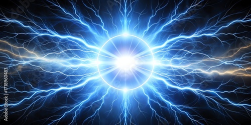 Bright blue electric plasma energy burst with lightning strikes