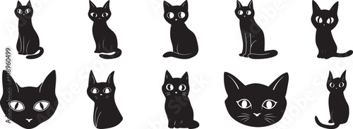A group of Cat face silhouette vector, black and white silhouette vector illustration