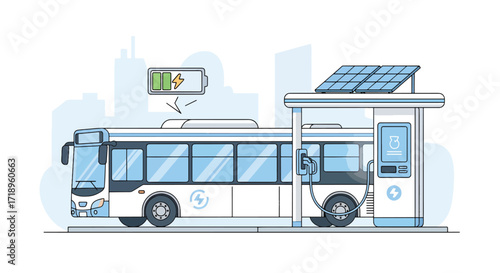 Electric bus charging at a sustainable public transportation station.