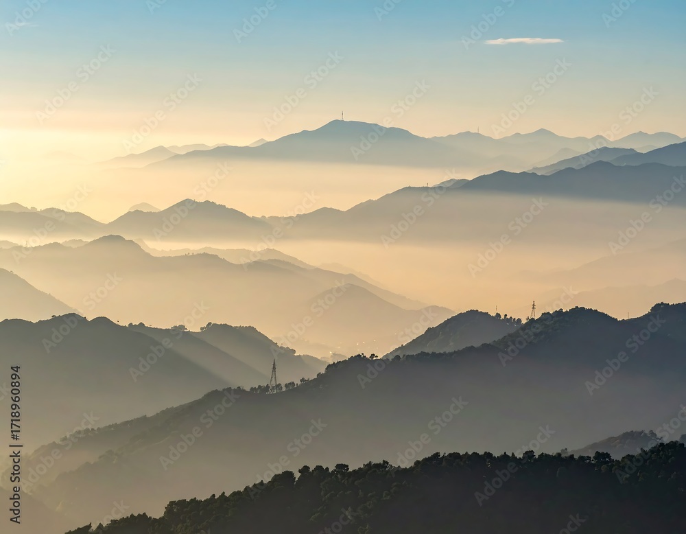 Obraz premium Misty mountain range at sunrise