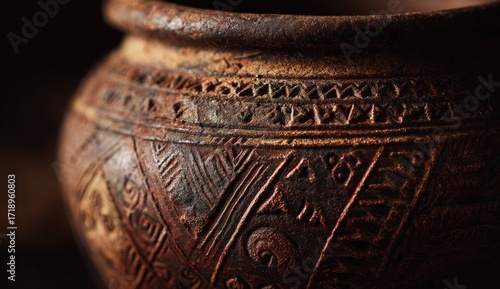 Close-up of a weathered, intricately carved, ancient clay pot