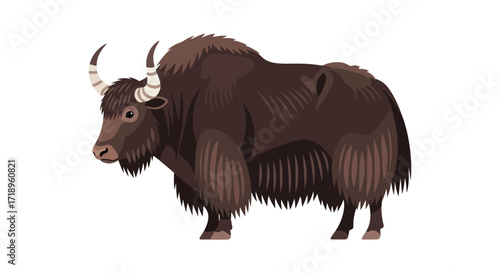 Majestic Brown Yak Illustration: A Detailed Depiction of a Large Bovine Mammal with Striking Horns and Dense Fur Depicted in a Cartoon Style