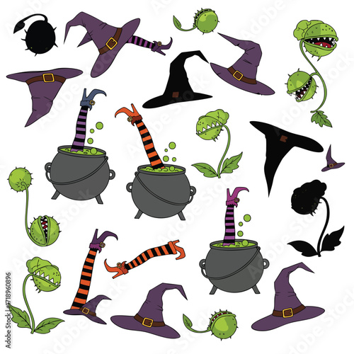 A spooky Halloween collection of cartoon witch hats bubbling cauldrons with striped legs and carnivorous monster plants.