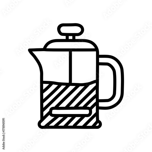 French press coffee maker with liquid, black and white line art.