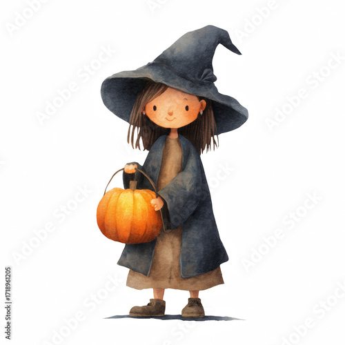 Cute girl in a witch costume holds a pumpkin during a fall celebration in a cozy village scene