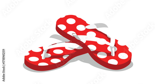 Playful summer footwear illustration: Whimsical red polka dot flip-flops for casual beach days and vacation fun