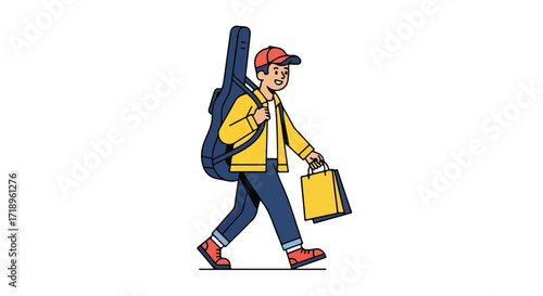 Animated character strolling with guitar case and shopping bags in a modern setting illustration for various purposes