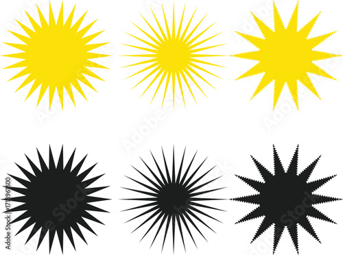 Yellow and black sun icon set.  Summertime figure concept. Sunset symbol. Hot solar energy for tan. Sunshine simple icons collection