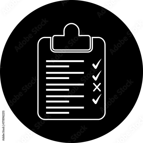 Illustration of a checklist on a clipboard with checkmarks and an x on a black circular background