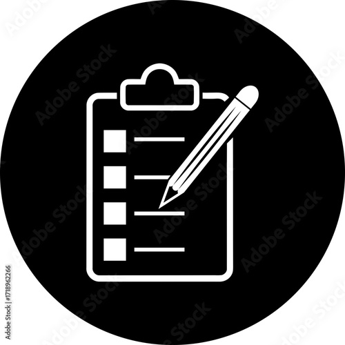 Clipboard with checklist and pencil on a black background in a simple vector illustration style