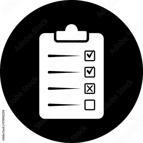 Clipboard with check marks and an x symbol on a black circular background illustration image