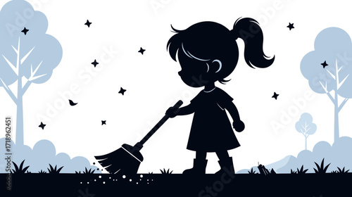 Young girl sweeping leaves in a park during autumn evening  