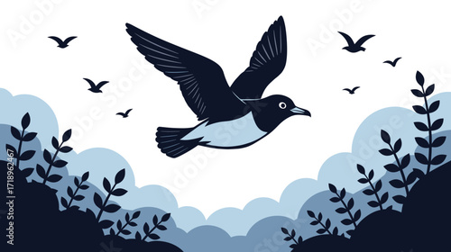 Bird flying over stylized clouds and leaves in blue shades  
