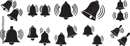 A set of bell ringing sound waves notification silhouette vector, black and white silhouette vector illustration