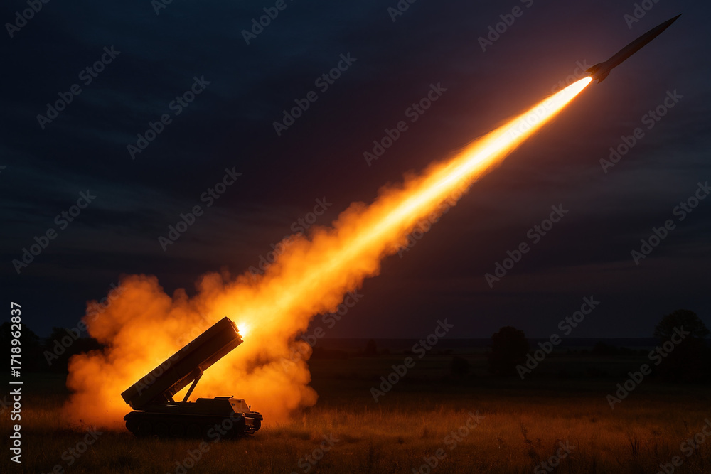 Obraz premium Night Launch: A Missile Streaks Across the Dark Sky with Fiery Trail