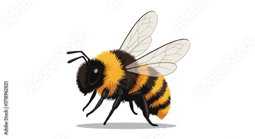 Stylized depiction of a bumblebee with black and yellow bands showcasing distinctive furry body and veined wings