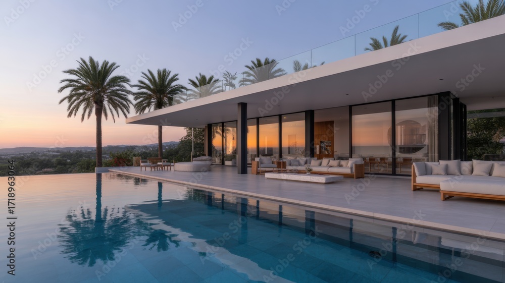 Fototapeta premium Modern Luxury Villa with Infinity Pool at Sunset