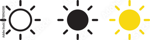 Outlined and filled sun icon symbols .  Summertime figure concept. Sunset symbol. Hot solar energy for tan. Sunshine simple icons collection