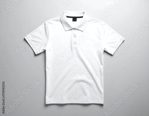 Classic white polo shirt flat lay on neutral background, clean and minimal style.