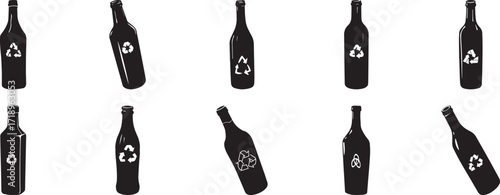 A set of bottle with white recycling symbol silhouette vector, black and white silhouette vector illustration