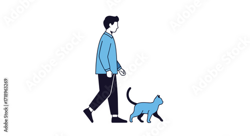 Stylized Illustration of a Man Walking with a Cat in a Blue and Black Color Scheme Graphic Design