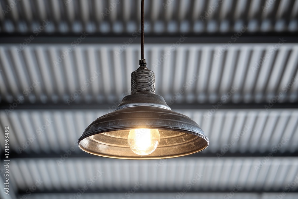 Obraz premium Hanging industrial light with bulb against corrugated ceiling