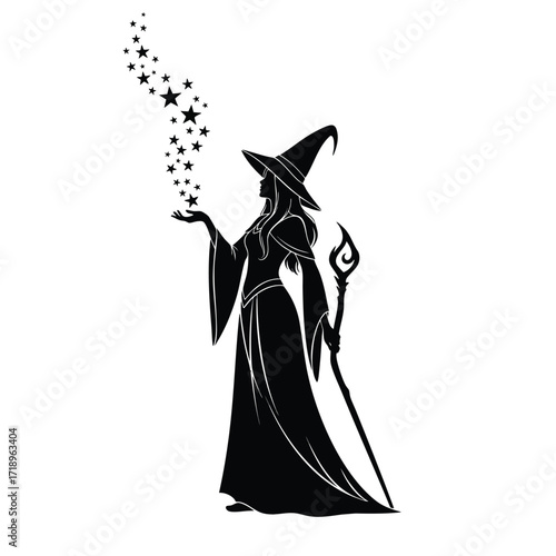 Black silhouette of a witch in a pointed hat casting a star spell while holding a magic staff.