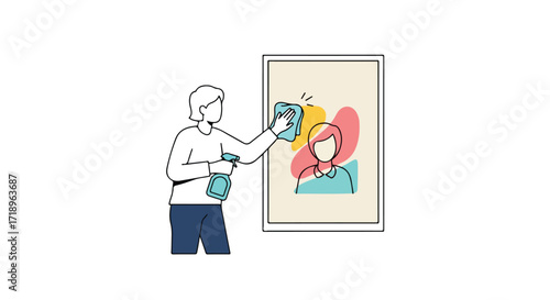 Maintaining Artwork: Person Gently Cleans Framed Portrait with Spray and Microfiber Cloth for Enhanced Longevity and Aesthetic Preservation
