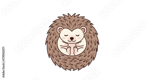 Illustration of a Cute Hedgehog Curled Up in a Ball with Closed Eyes, Minimalist Cartoon Style isolated on White Background