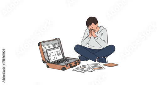 Illustration of a thoughtful designer sitting with a suitcase laptop contemplating a complex project strategy