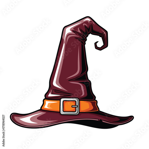 Classic purple witch hat illustration with a pointed curled top and an orange buckled band.