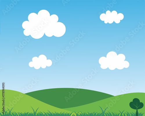 Beautiful landscape background Vector, Fresh background with green grass blue sky with clouds dream field vector realistic seamless pattern.