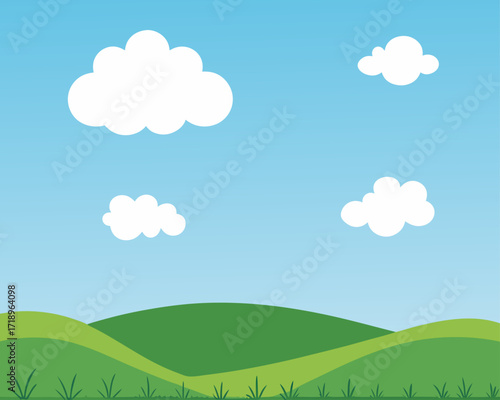 Beautiful landscape background Vector, Fresh background with green grass blue sky with clouds dream field vector realistic seamless pattern.