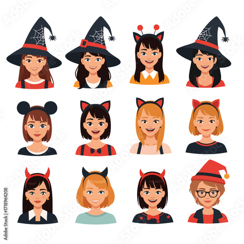 Collection of diverse female character avatars wearing Halloween costumes and festive headwear.