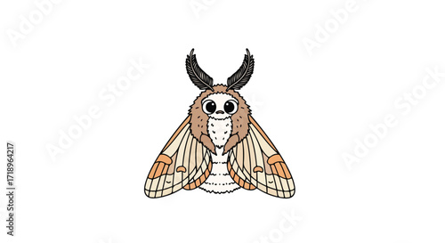 Whimsical moth illustration with intricate wing patterns and feathery antennae in soft pastel hues with a cartoonish style