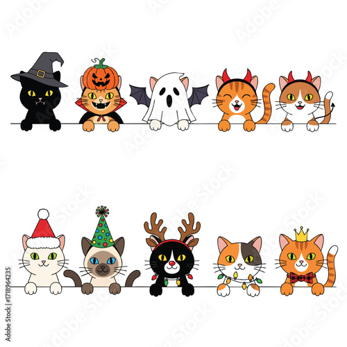 Collection of cute cartoon cats in Halloween and Christmas costumes peeking over a border line.