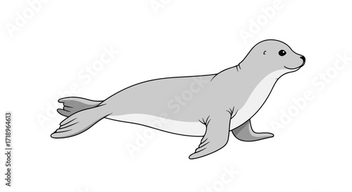 Cartoon depiction of a cute grey seal swimming gracefully against a plain background
