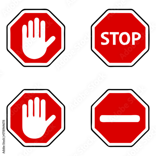 stop road sign, Red stop symbol with hand in octagon shape. forbidding sign or icon. dangerous, do not enter. vector illustration
