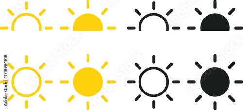 Yellow and black sun icon set. Decorative circle full and half sun and sunlight. sunrise or sunset. Hot solar energy for tan